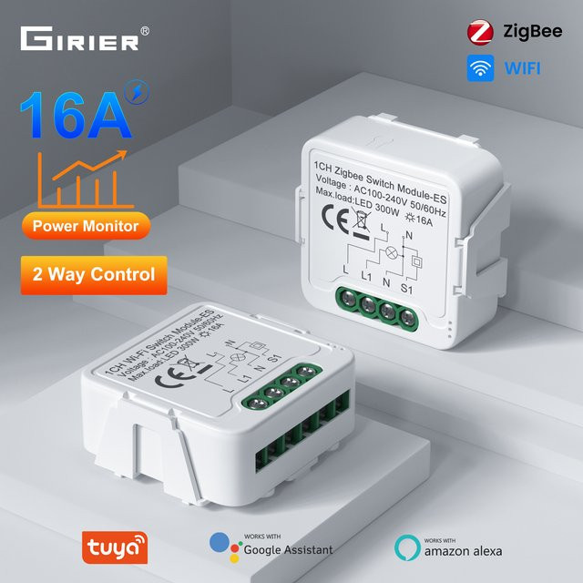 GIRIER Tuya ZigBee 3.0 Smart Switch Modul WiFi Home Automation Breaker Relay mit Power Monitor Funktion und 2-Wege-Steuerung in Weiß - Bild 1