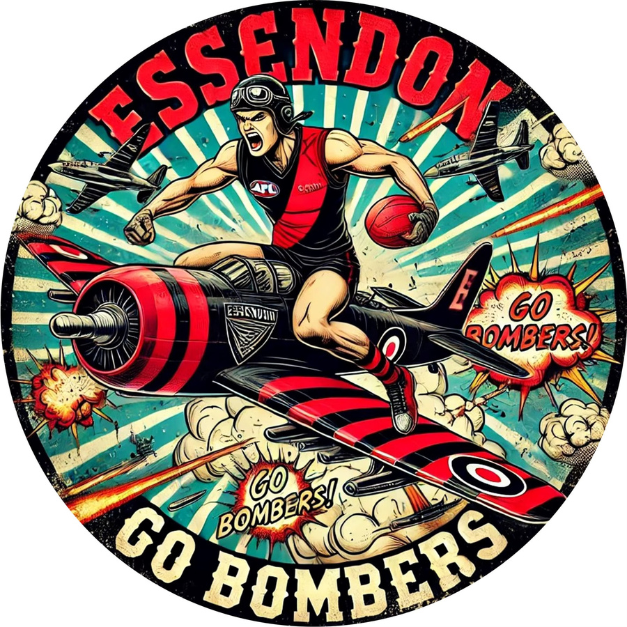Essendon Bombers Rundes Aluminium-Wandschild im Vintage-Stil mit Fußballspieler und Flugzeug, Mehrfarbig - Bild 3