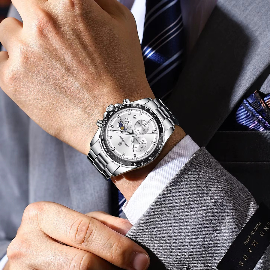 POEDAGAR Armbanduhr Chronograph, Quarz, Edelstahl, Silber, Herren - Bild 6