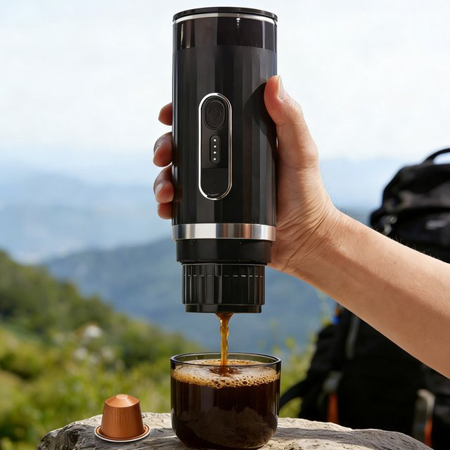 JFBONIN 3-in-1 Camping-Kaffeemaschine, kabellose tragbare Espressomaschine mit 12V Autoadapter und Selbsterhitzungsfunktion für Kapseln, Schwarz - Bild 1