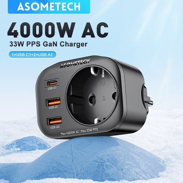 ASOMETECH 33W GaN Ladegerät mit 4000W AC Steckdose und USB-C PPS PD Anschluss, Schwarz - Bild 1