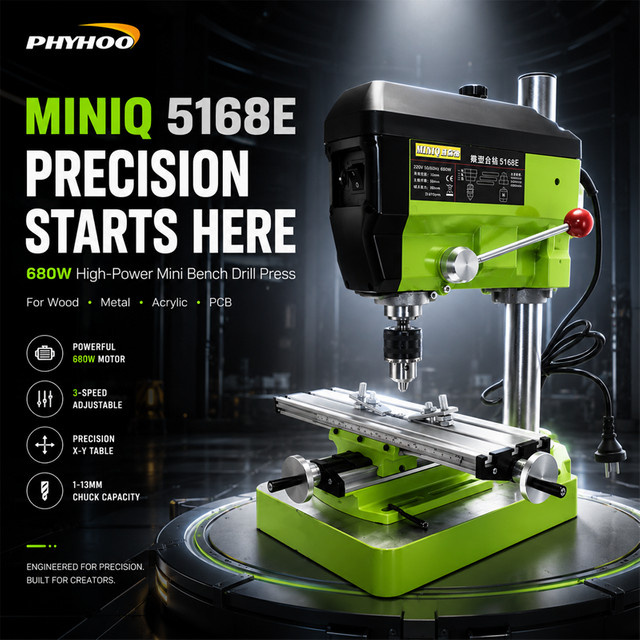 PHYHOO Mini-Präzisions-Tischbohrmaschine mit XY-Kreuzschiebetisch, 680W, Grün, für Schmuck, Metall und Holz - Bild 1