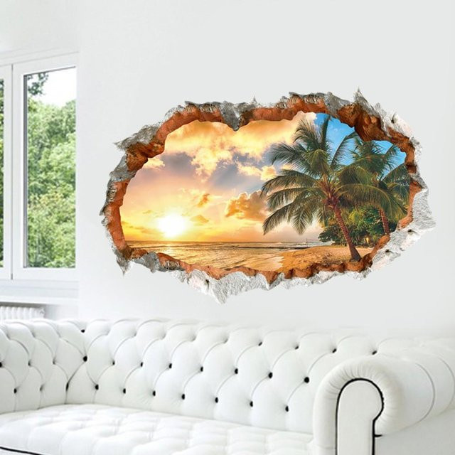Binchi Outdoor Product Wandbild Sonnenaufgang Meerblick mit Palmen und Strand als ästhetische Vinyl Tapete in Mehrfarbig - Bild 1
