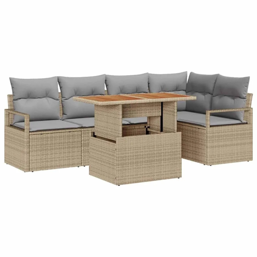 vidaXL Garten Essgruppe 6-teilig aus Poly-Rattan und Akazienholz mit Kissen in Beige und Grau - Bild 2