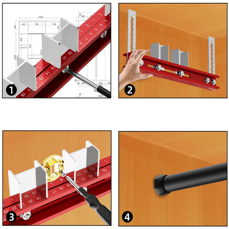 Stanzpositionierlineal aus Aluminiumlegierung in Rot für die Installation von Garderoben-Auslegern und Aufhängungsstangen zur Bohrortung - Bild 3