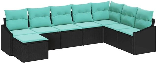 vidaXL Sofa Set aus Poly Rattan in Schwarz, 8-teiliges L-Shape Lounge Set mit Kissen und Fußhocker - Bild 1