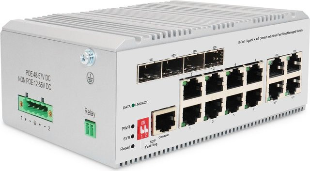 Digitus Industrial Gigabit Ethernet Netzwerk Switch L2 Managed mit 8 RJ-45 Ports und 4 SFP Uplink in Silber - Bild 1