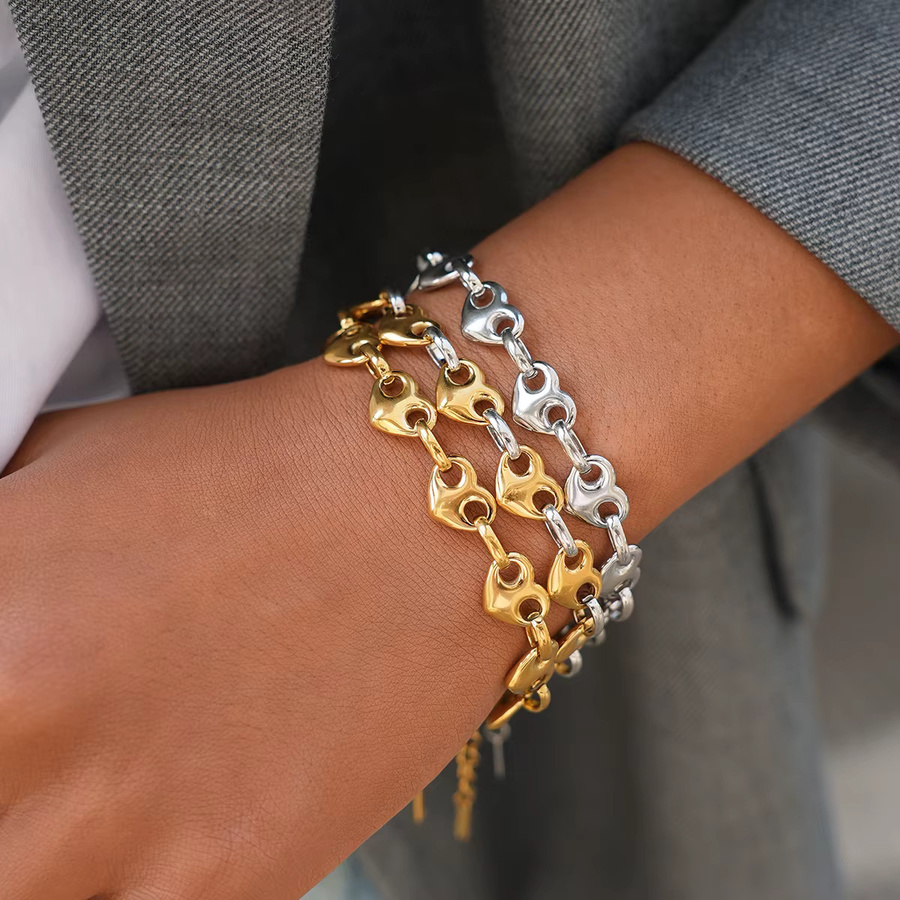 Uself Armband, 18 Karat vergoldeter Edelstahl, zweifarbig, Herz-Knopf-Armband - Bild 3
