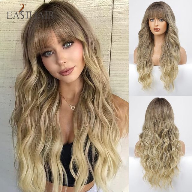 EASIHAIR Synthetik-Perücke, lange lockige Wellen, Ombre Braun-Blond, mit Pony, Damen - Bild 1
