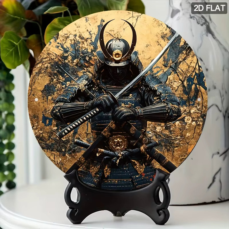 HELLOYOUNG Japanische Samurai Wandkunst aus Metall in Gold, runde dekorative Metallkunst mit traditionellem Schwertdesign, Durchmesser: 19,8 cm - Bild 2