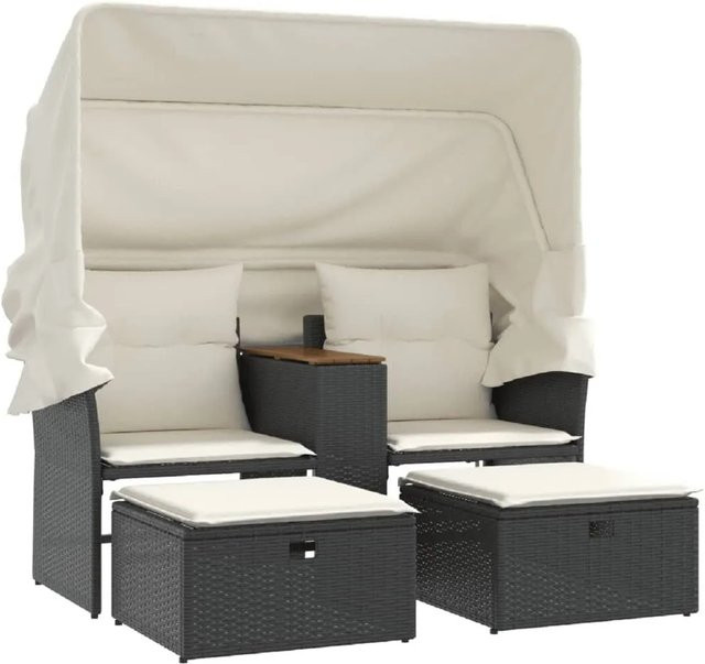 vidaXL Gartensofa 2-Sitzer aus Poly-Rattan mit Baldachin, Hockern und Polstern in Schwarz und Weiß - Bild 1