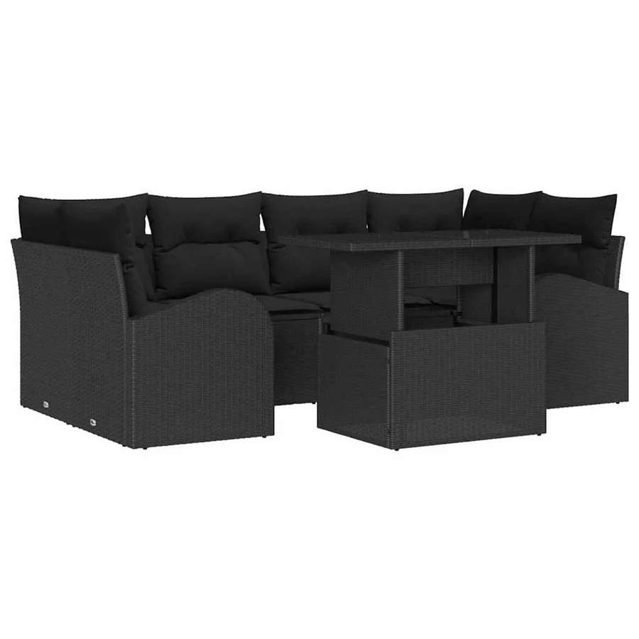 vidaXL Garten-Sofa-Set aus Poly Rattan in Schwarz, 7-teiliges Lounge-Set mit Kissen und Tisch mit Glasplatte - Bild 2
