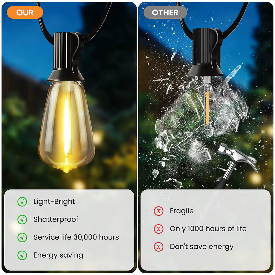Solar-LED-Lichterkette für den Außenbereich mit ST38 Glühbirnen, wasserdicht und bruchsicher, inklusive Haken für Garten, Terrasse oder Camping - Bild 6