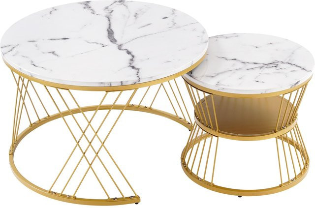 Modernes 2-teiliges Nesting-Couchtisch-Set in Weiß mit runden MDF-Platten, B/T/H: 70 x 70 x 47 cm und 30 x 30 x 47 cm - Bild 1