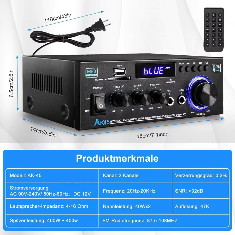 Kebidumei AK45 Digitaler Bluetooth HiFi Audioverstärker 2.0-Kanal Stereo Heimkino AMP in Schwarz - Bild 4