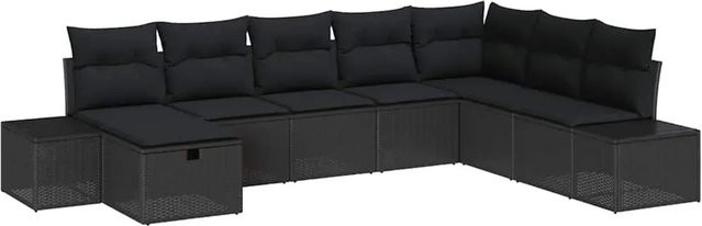 vidaXL Garten-Sofa-Set in U-Form aus Polyrattan und Metall, 8-teilig, Schwarz mit Kissen und Ottomane - Bild 1