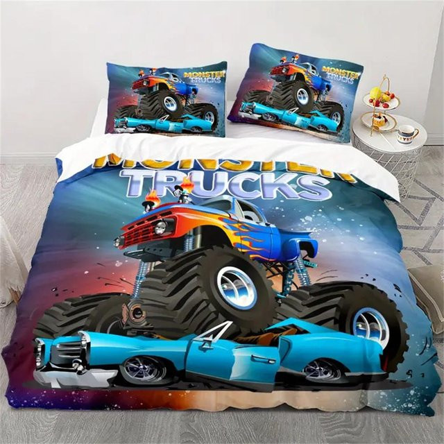 3-teiliges Bettwäsche-Set Lodestar mit Cartoon-Print für Auto und LKW, atmungsaktive Microfaser, Mehrfarbig, B/H: 135 x 200 cm - Bild 1