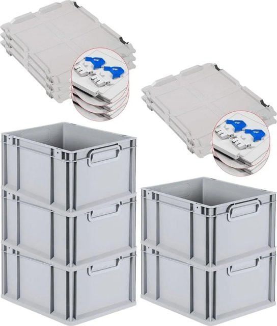 PROREGAL SuperSparSet 5x Eurobox NextGen Grip mit Scharnierdeckel und blauen Schiebeschnappverschlüssen, Grau, H x B x T: 22 x 30 x 40 cm - Bild 1