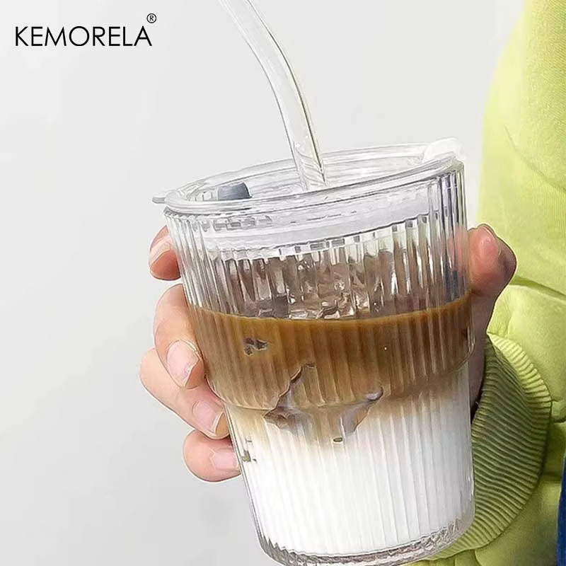 KEMORELA Streifen Glas Tasse mit Deckel und Stroh, transparent, 380 ml - Bild 4