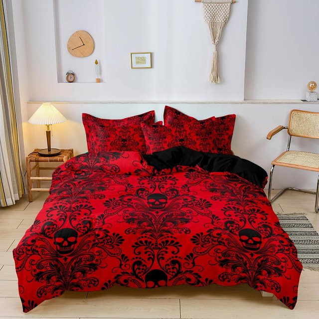 Gothic Bettwäscheset mit Schädel-Motiv in Rot, bestehend aus Bettbezug und Kissenbezügen, B/H: 135 x 200 cm - Bild 1
