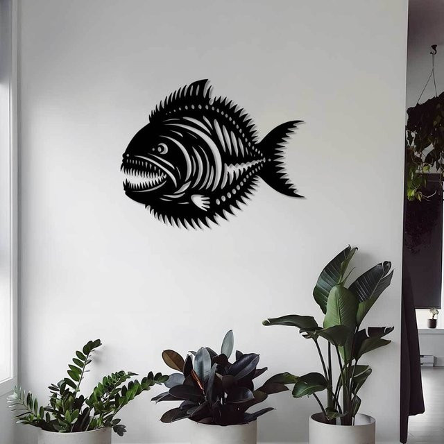 CIFBUY Metall-Piranha-Fisch Wandkunst in Schwarz, Eisenskulptur für Zuhause, Garten und Terrasse, Breite: 30 cm, Höhe: 30 cm, Tiefe: 30 cm - Bild 1