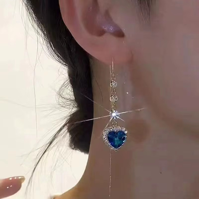 rinhoo Ohrringe, blaue Zirkonia, Herzform, Quasten, Damen - Bild 2