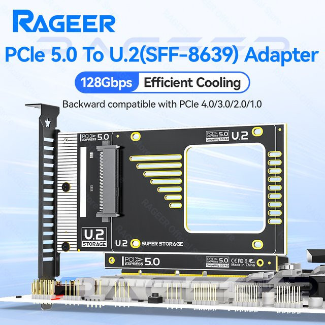 RAGEER PCIe 5.0 zu U.2 SFF-8639 Adapter für U.2 SSD zu PCIe X4/X8/X16 Erweiterungskarte, 128Gbps, Schwarz - Bild 1