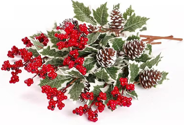 Lushliage Künstliche Weihnachts-Stechpalme mit roten Beeren und Tannenzapfen in Rot und Grün aus Kunststoff - Bild 1