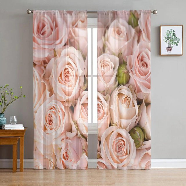 A Family Of Home Textiles Romantischer Tüll-Vorhang in Rosa, Transparenter Chiffon-Vorhang mit Blumenmuster, Breite: 135 cm, Höhe: 160 cm - Bild 1