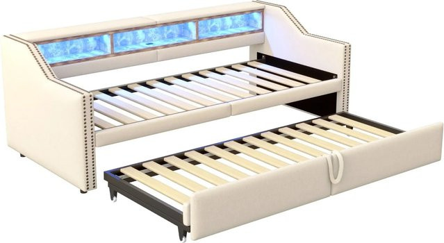 Merax Schlafsofa Beige mit LED-Beleuchtung, USB-Anschluss und Stauraum, B/T/H: 180 x 200 x 74 cm - Bild 1