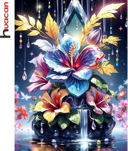 Huacan 5D DIY Diamantmalerei mit Blumenmotiv als Rundes Mosaik-Strassbild in Mehrfarbig - Bild 1