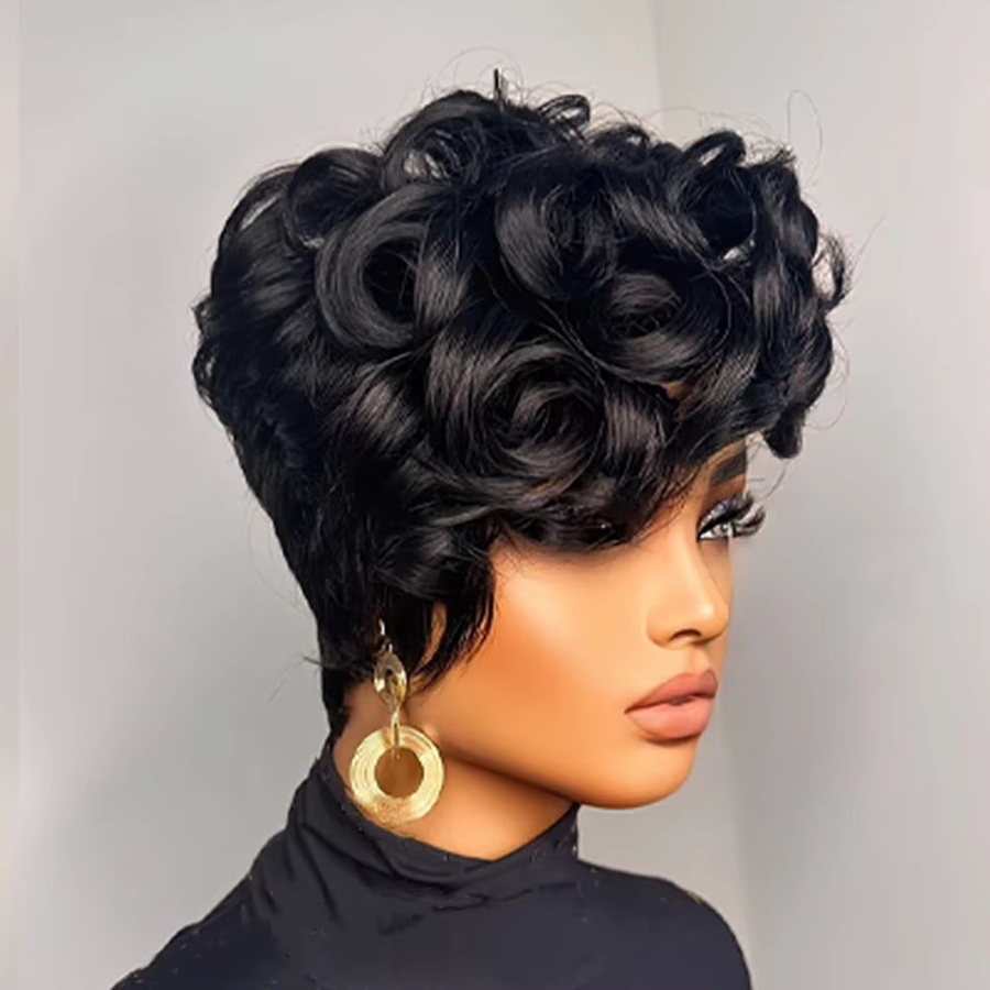 OYM HAIR Pixie-Perücke, Echthaar, schwarz, kurz, lockig, Damen - Bild 4