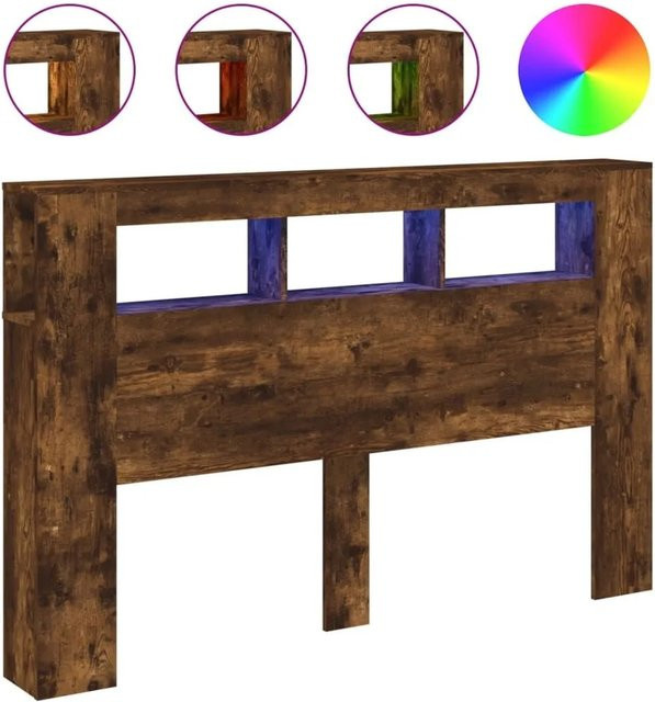 vidaXL LED-Kopfteil aus Holzwerkstoff in Räuchereiche mit integrierter Beleuchtung, Ablage und USB-Ladeport, B/T/H: 160 x 18,5 x 103,5 cm - Bild 1