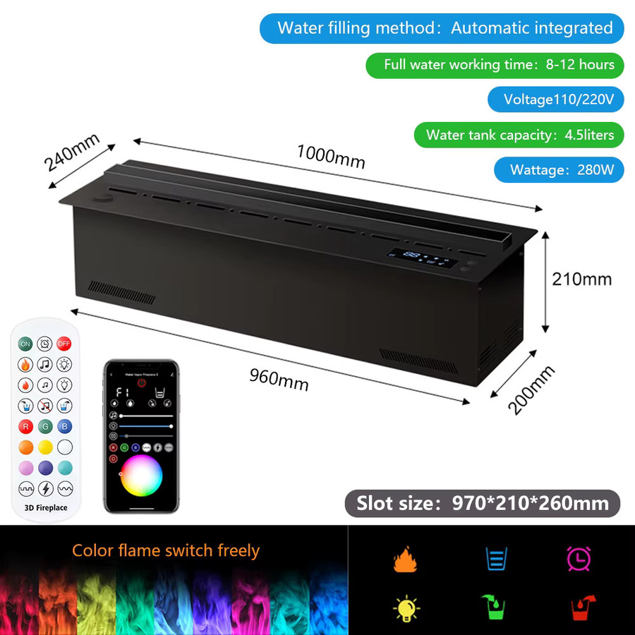 AFLYEVER Intelligenter Wasserdampf-Kamin mit 3D-Flammeneffekt in Schwarz aus Edelstahl mit Tuya-App-Steuerung und simuliertem Holzverbrennungsgeräusch - Bild 6