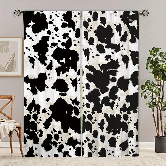 Yiran Furniture Kuhdruck Bauernhoftier Vorhänge im 2er-Set, halbtransparentes Polyester mit Ösen, Mehrfarbig, Breite: 65 cm, Höhe: 60 cm - Bild 1