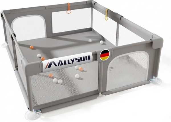 Allyson Laufstall und Laufgitter für Babys, Grau, B/T: 130 x 130 cm, faltbarer Reiselaufstall mit Metallrahmen und Oxford-Gewebe