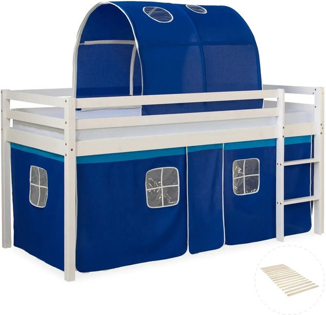 Homestyle4u Hochbett aus Kiefernholz mit Vorhang und Tunnel in Weiß - Bild 1