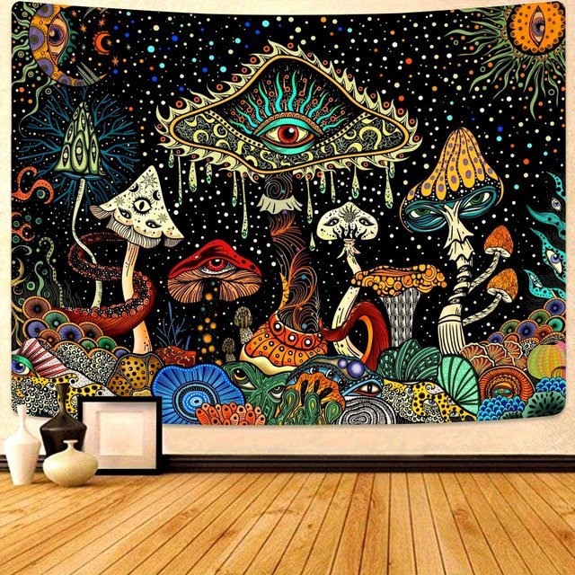 VIKAMA Psychedelic Realm Mushroom Wandteppich in Multicolour, Boho Wanddekoration mit floralem Design, Breite: 60 cm, Höhe: 40 cm - Bild 1