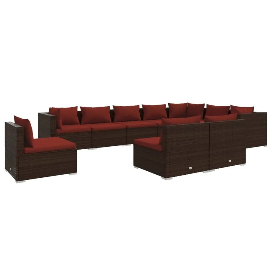 vidaXL 10-tlg. Garten-Lounge-Set in U-Form aus Poly-Rattan in Braun mit Kissen und pulverbeschichtetem Stahlgestell - Bild 2