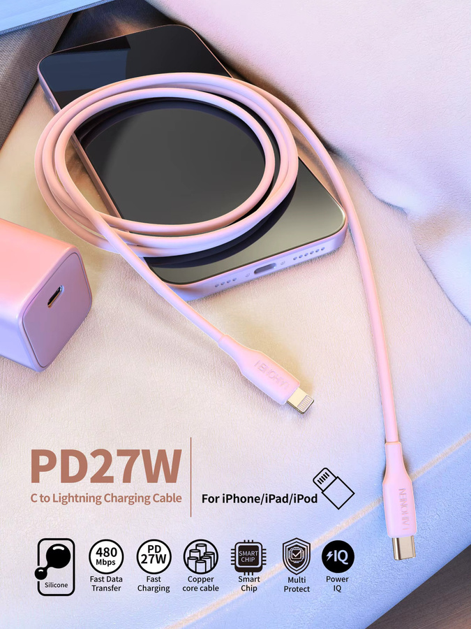 LAIHONEN USB-C auf Lightning PD-Schnellladekabel 27 W Silikon-Datenkabel in Macaron Pink für iPhone 14 13 12 11 Pro Max - Bild 5
