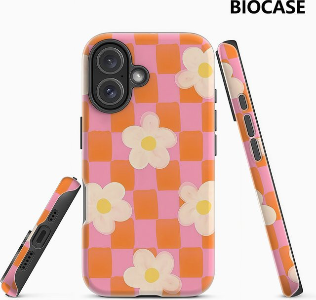Handyhülle mit Blumen-Schachbrettmuster in Rosa und Orange für iPhone 17 16 15 14 13 Pro Max Plus mit doppelschichtiger Rückseite - Bild 1