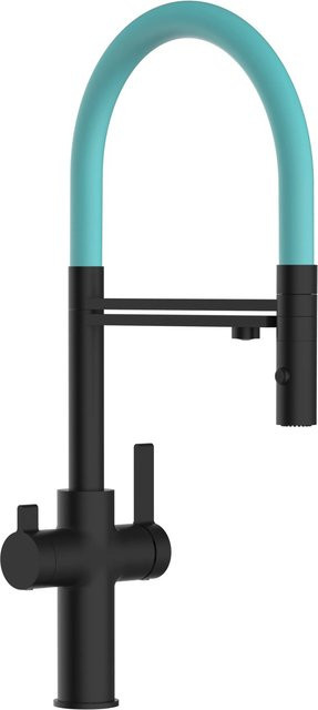 VIZIO Küchenarmatur mit 4-Wege-Wasserhahn, 360 Grad schwenkbarer Auslauf und abnehmbarer 2-Strahl Handbrause, Schwarz Matt und Türkis - Bild 1