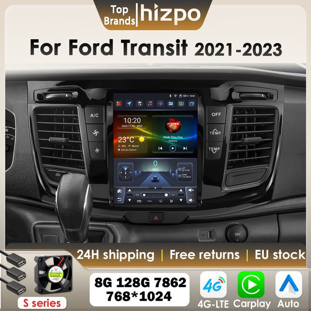 Hizpo Android 14 Autoradio für Ford Transit 2021-2023 mit 9,7 Zoll vertikalem Tesla-Stil Bildschirm, Carplay, GPS, 4G und Bluetooth in Schwarz - Bild 1