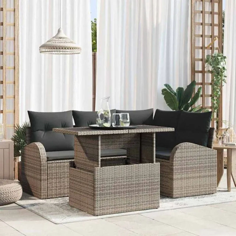 vidaXL Garten-Sofa-Set aus Polyrattan in Grau, 5-teilige Loungemöbel-Garnitur, B/T/H: 100 x 55 x 73 cm - Bild 1