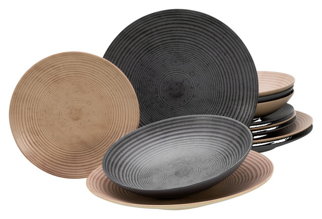 CreaTable Tafelservice Catania Mix 12-teiliges Geschirrset aus Steinzeug in Anthrazit, Sand und Mehrfarbig - Bild 1