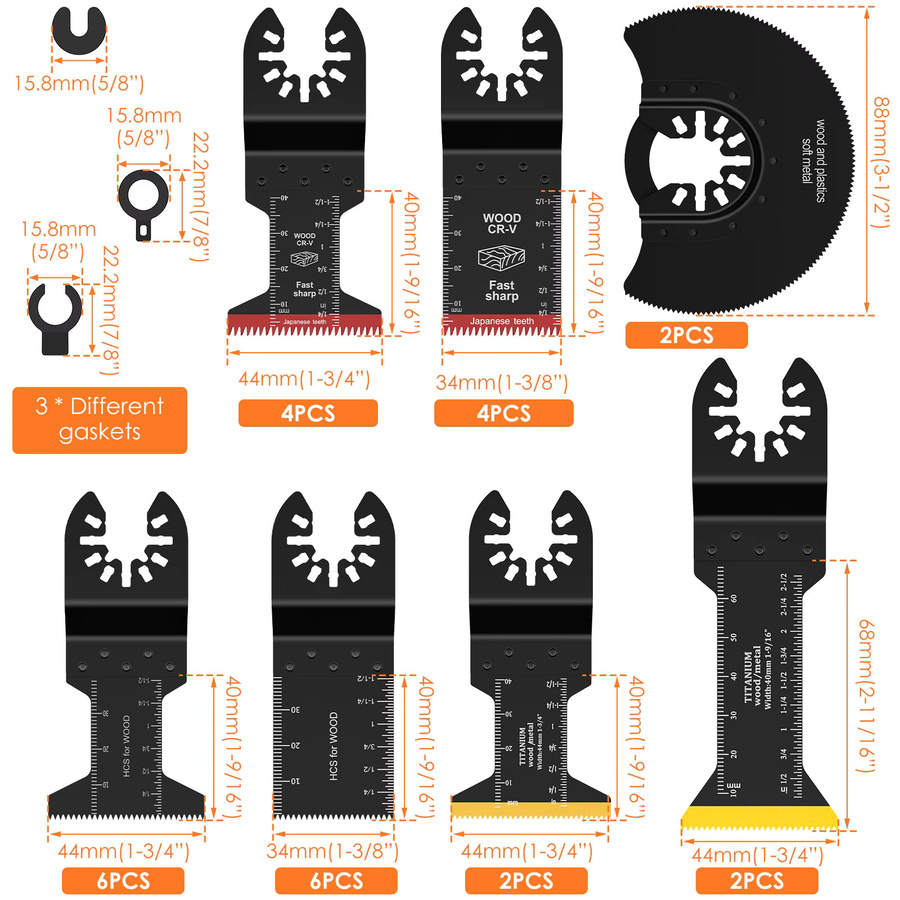 Universelles Oszillierendes Sägeblatt-Set aus Titan-Bimetall mit 3 Adaptern für Holz und PVC, 10/18/26-teilig - Bild 2