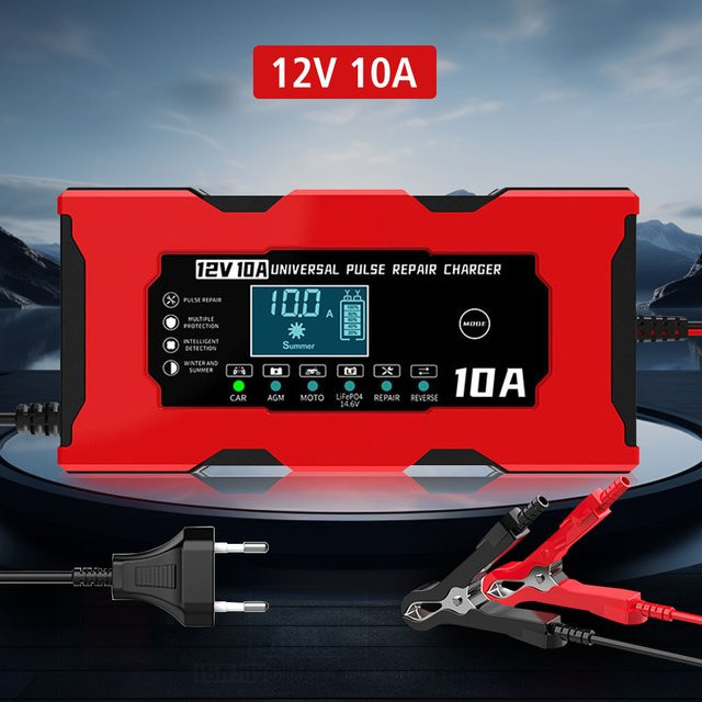 Intelligentes Autobatterieladegerät mit LCD-Display und Pulsreparatur Funktion, 12 V, 10 A, für Eisen-Lithium-Batterien, Farbe: Rot - Bild 1