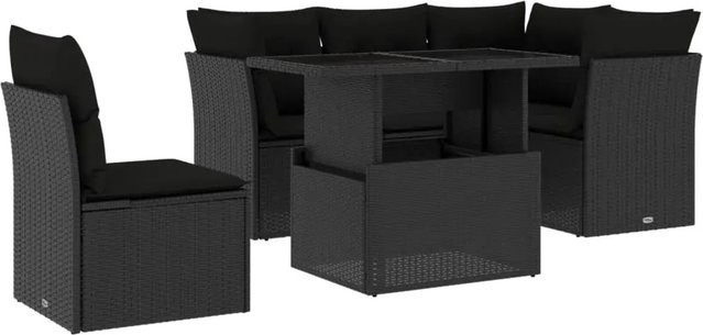 vidaXL 6-teilige Garten-Sofagarnitur in L-Form aus Poly-Rattan mit Kissen und Tisch, Schwarz - Bild 1