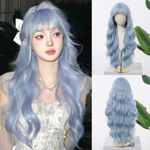 Allbell Magique Haarperücke mit Pony, lange gewellte synthetische Perücke, Blau, Damen - Bild 1
