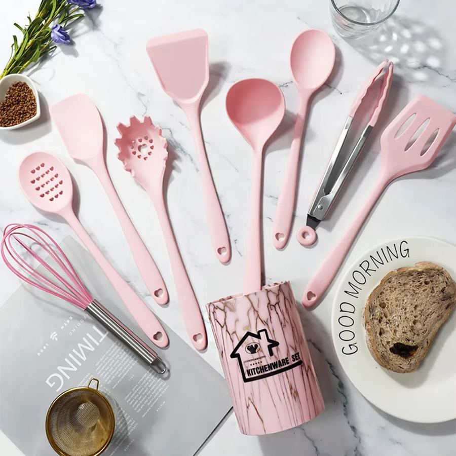 JANKNG 10-teiliges Silikon Kochset mit Aufbewahrungsbox in Rosa, Antihaft-Küchenutensilien Set für Pfannen und Backwerk - Bild 1